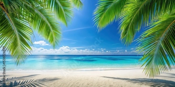 Obraz Tropical paradise backdrop with blue palm leaves against white sandy beach