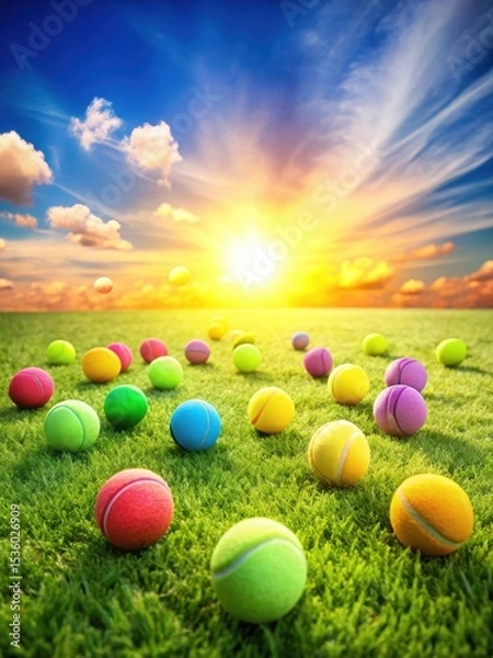 Obraz Colorful tennis balls scattered on a bright green grass field with a sunny sky