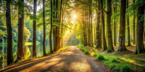 Obraz Serene forest path lined with tall trees and surrounded by a tranquil lake view with flecks of sunlight filtering through the canopy above