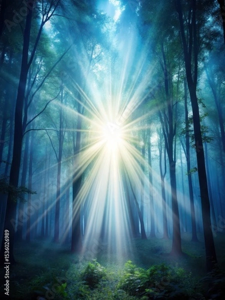 Obraz Soft ethereal glow emanates from a celestial beam in a darkened forest