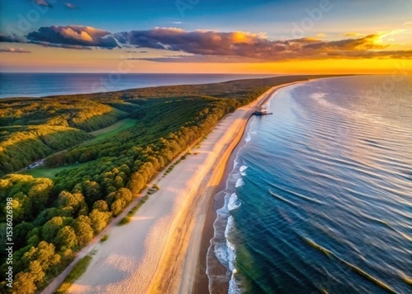 Obraz Drone view of Bansin beach at sunset over the island of Usedom with the Baltic Sea in the background