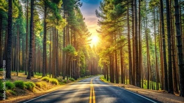 Obraz Dense pine trees stretching towards the sky with a winding asphalt road in the sunlight