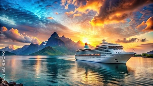 Obraz Large cruise ship navigating through calm turquoise ocean waters with a stunning sunset backdrop