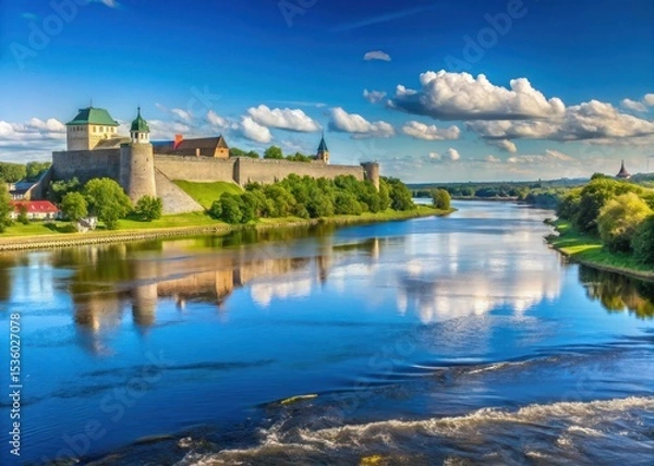 Obraz View from Narva in Estonia over the border river Narva and the Russian border to Ivangorod Russia in summer under a blue sky