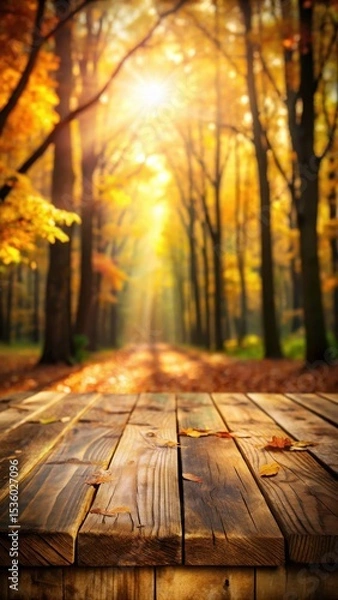 Obraz autumn forest blur background with wooden table sunlight effect