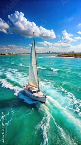 Obraz A sailboat navigating through choppy turquoise waters with white crested waves and a sunny blue sky