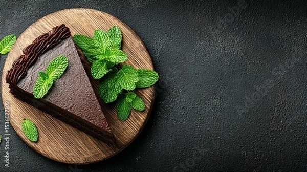 Fototapeta Chocolate cake slice with fresh mint leaves on a wooden board.