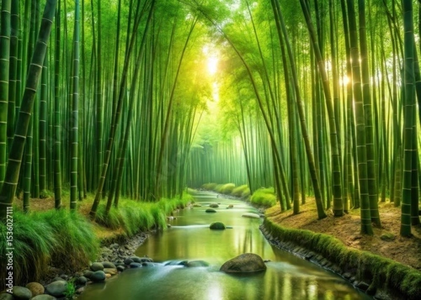 Obraz Serene bamboo forest with winding stream flowing gently through lush greenery and towering bamboo stalks
