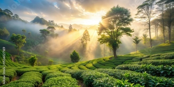 Obraz Misty tea garden in the morning with tea plants and sunlight filtering through the trees