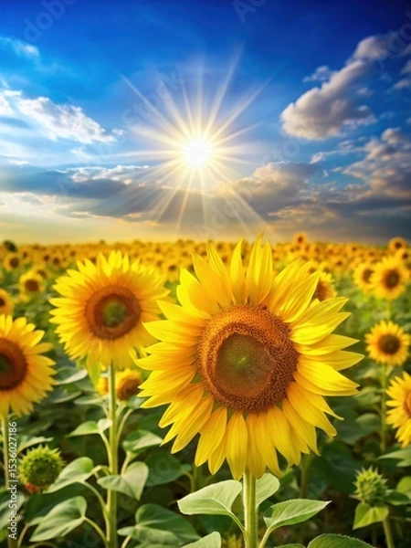 Obraz Bright yellow sunflowers blooming in a field