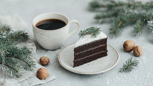 Fototapeta A slice of chocolate cake with whipped cream topping and fir branches.