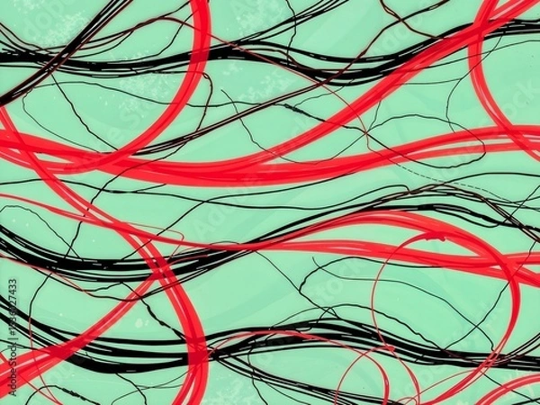 Fototapeta pastel Chaos pattern background. Abstract texture. Random chaotic lines. Intricate wallpaper. Hand drawn dinamic scrawls. green and red illustration