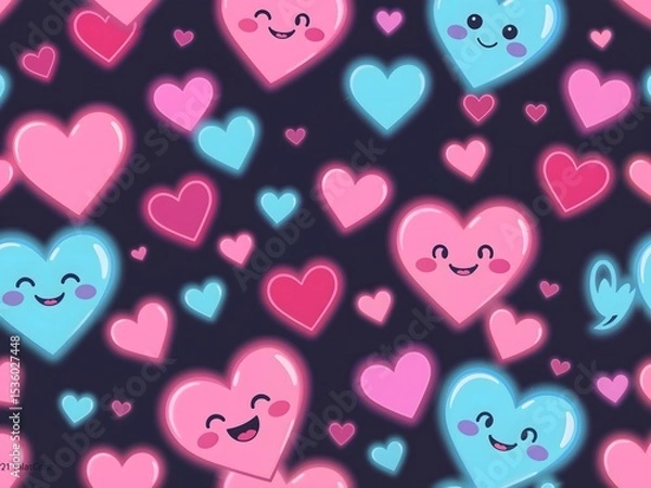 Fototapeta abstract Cute pastel Y2k neon pattern of funny cartoon hearts and elements background