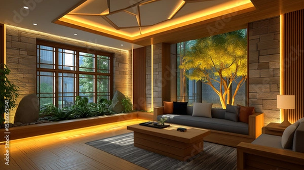 Obraz  Tranquil Interior: A modern living room bathed in warm ambient light, showcasing a harmonious blend of nature and contemporary design, evokes a sense of serenity and elegance.