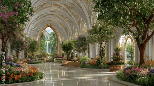 Obraz Indoor Garden Paradise: A tranquil indoor garden with high arched ceilings, lush greenery, and vibrant flowers creates a serene and enchanting atmosphere.