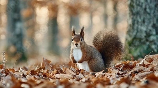 Fototapeta Red squirrel amidst autumn leaves.
