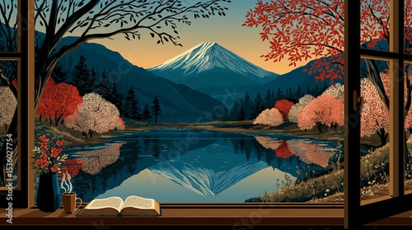 Obraz Tranquil Mountain View: A breathtaking landscape unfolds beyond an open window, showcasing a serene view of a majestic mountain reflected in a placid lake.