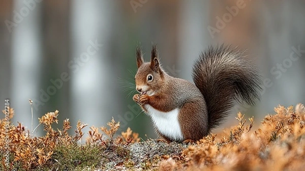 Fototapeta A red squirrel enjoys a nut in a natural habitat.