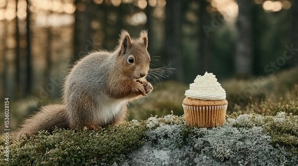 Fototapeta Squirrel and cupcake in a forest setting.