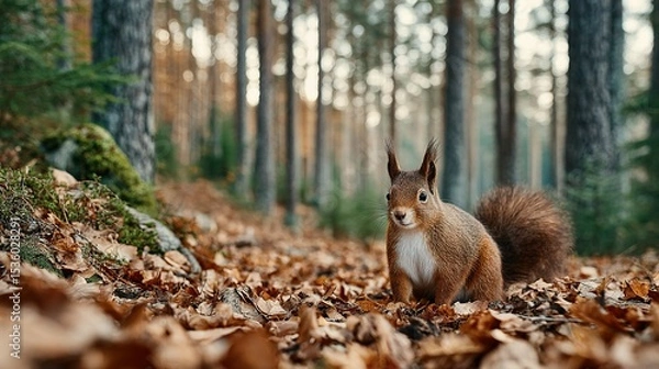 Fototapeta Red squirrel amidst autumn leaves in a forest.