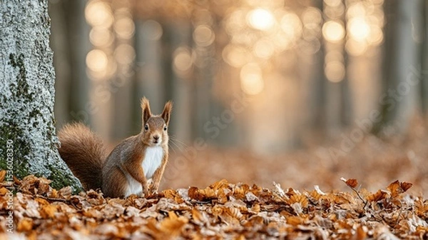 Fototapeta Red squirrel in autumn forest with fallen leaves.