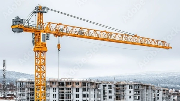 Fototapeta Tower crane on a construction site in winter.