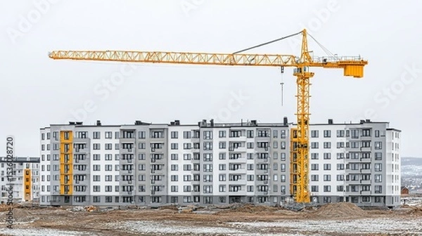 Fototapeta Yellow construction crane in front of a multi-story apartment building under construction.
