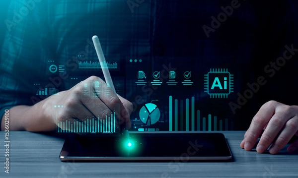 Obraz AI-powered business analytics dashboard on digital tablet with pie charts, graphs, checklists. Hand using stylus to analyze data and performance metrics. Artificial intelligence and automation concept