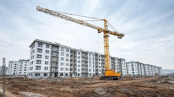 Fototapeta Construction site with a large crane and apartment buildings under construction.