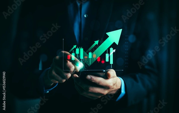 Obraz Businessman analyzing bullish stock market trend on smartphone with rising candlestick chart and green arrow growth indicators, concept of trading, investment success, financial analytics, and profit