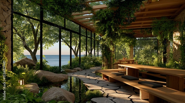 Obraz Serene Lakeside Pavilion: A tranquil lakeside pavilion, seamlessly blending indoor and outdoor spaces, features a wooden pergola draped with lush greenery, stone pathway.