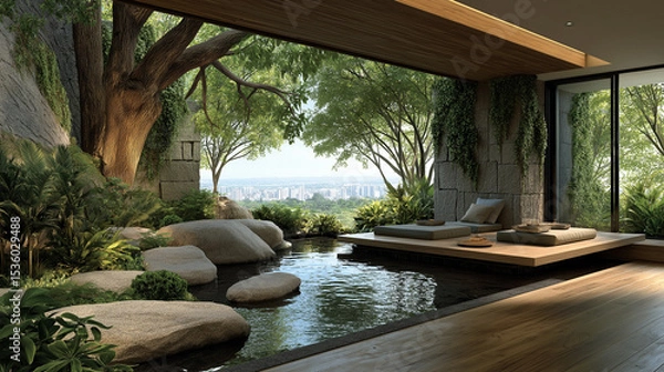 Obraz Serene Indoor Oasis: A tranquil indoor space seamlessly blends with nature, featuring a minimalist zen garden with a reflecting pool, large stones, lush greenery, and a view beyond large windows.