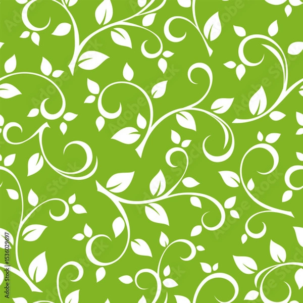 Obraz Seamless floral pattern with swirls and leaves on a green background. Vector green and white floral print