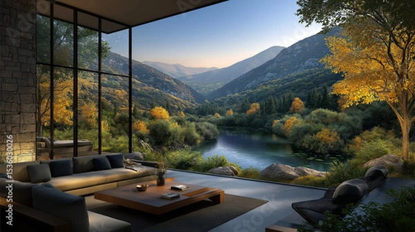 Obraz Living Room Overlook: A modern living room features floor-to-ceiling windows that reveal a serene valley, with a winding river and lush foliage bathed in golden light.
