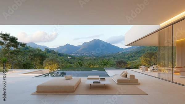 Obraz Luxurious Mountain View: A modern architectural marvel merges seamlessly with nature, offering a breathtaking vista of lush green mountains and a serene pool, showcasing opulence and tranquility.