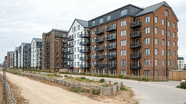 Fototapeta Modern apartment buildings line a paved pathway.
