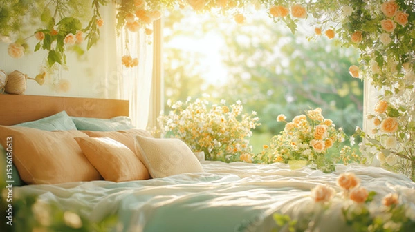 Obraz Romantic Bedroom Oasis: A sun-drenched bedroom offers a sanctuary of tranquility. Soft, sun-kissed light floods the scene, illuminating a cozy bed adorned with plush pillows and a gentle.