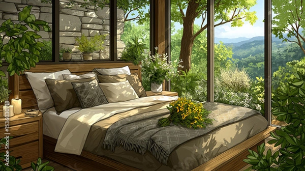 Obraz Serene Bedroom Retreat: A luxurious bedroom, bathed in natural light, boasts a king-sized bed with plush linens, complemented by an indoor-outdoor ambiance and panoramic views of the lush landscape.