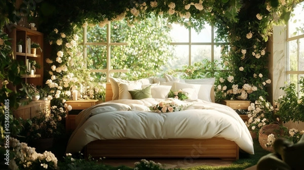 Obraz Enchanted Bedroom: A dreamy bedroom oasis, overflowing with lush greenery and delicate white roses, creates a serene and enchanting atmosphere. Sunlight streams through a large window.