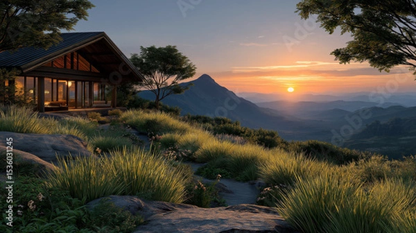 Obraz Mountain Cabin Sunset: A cozy wooden cabin nestled on a mountainside enjoys a breathtaking sunset view over rolling hills.