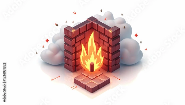 Fototapeta Fire Burning in Brick Fireplace with Cloud Background