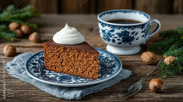 Fototapeta Slice of gingerbread cake with whipped cream topping on a decorative plate.