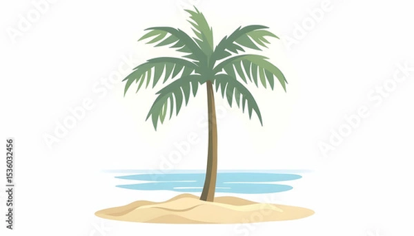 Fototapeta Palm Tree on Sandy Island with Water Simple Graphic