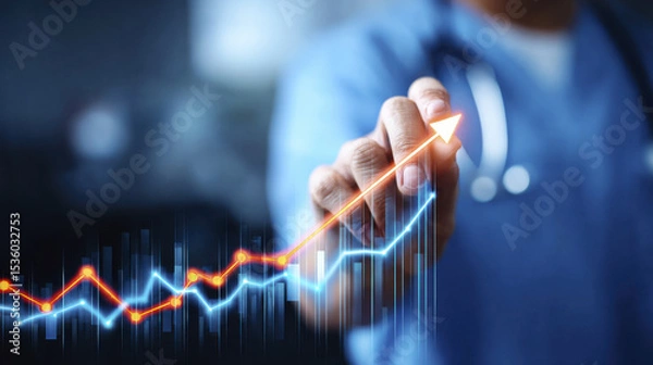 Fototapeta Equity chart rising across healthcare sectors with glowing arrow and medical professional background showing growth and success in medical industry