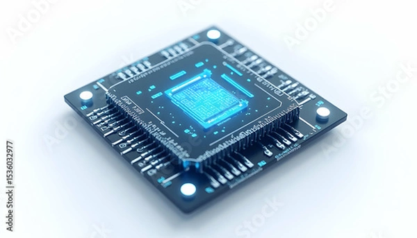 Fototapeta Displaying Central Processing Unit with Blue Light on White