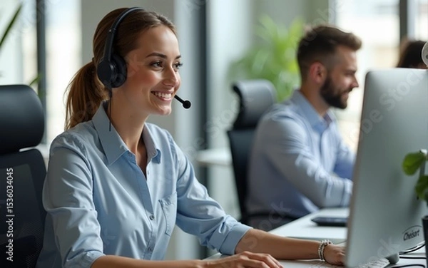 Fototapeta Friendly female customer service representative working on computer in a professional office environment, providing expert assistance through a helpline, showcasing modern remote support