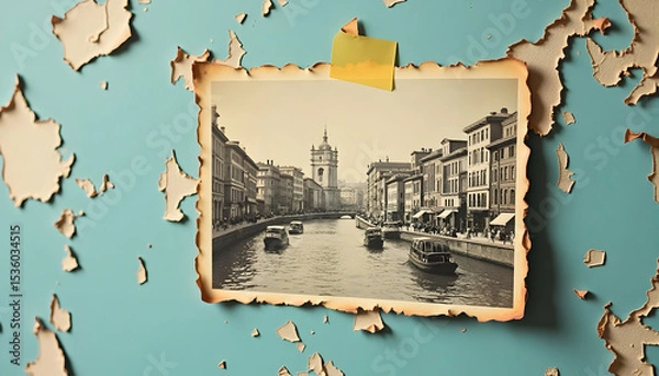Obraz Vintage Canal Scene Photograph on Peeling Wall with Sticky Note