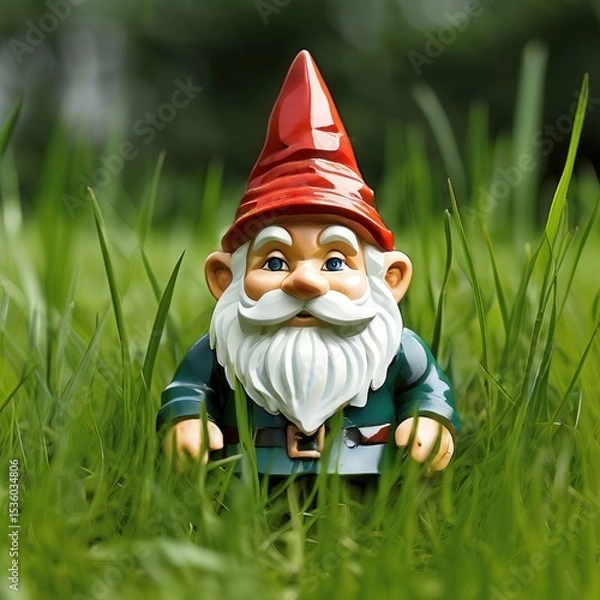 Fototapeta an AI Image Generator, Garden Gnome Statue in Tall Grass with Red Hat