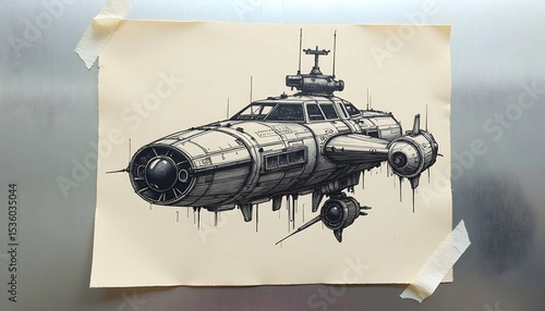 Obraz Drawing of Spaceship on Paper Attached with Tape