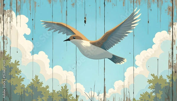 Obraz Bird Flying Against Wooden Background with Clouds and Trees